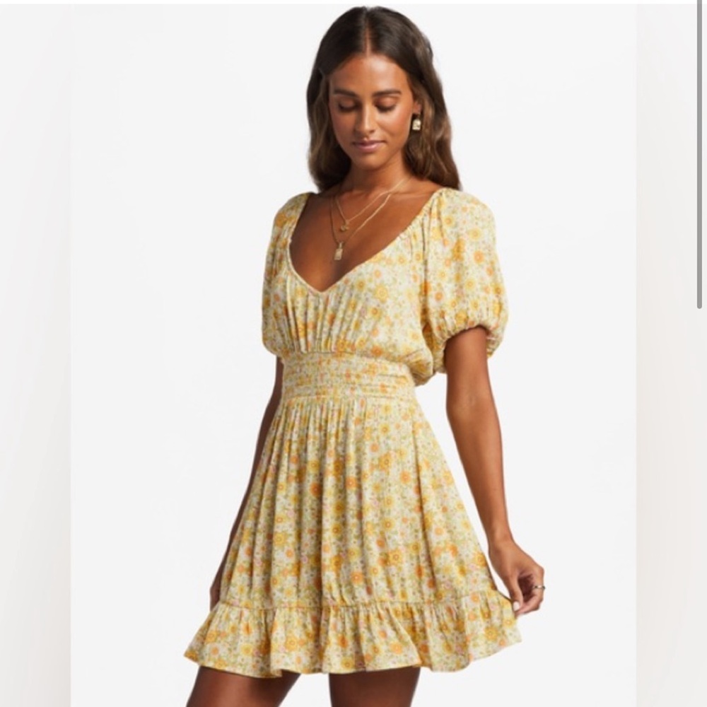 Billabong something pretty mini dress yellow orange floral print puff sleeves